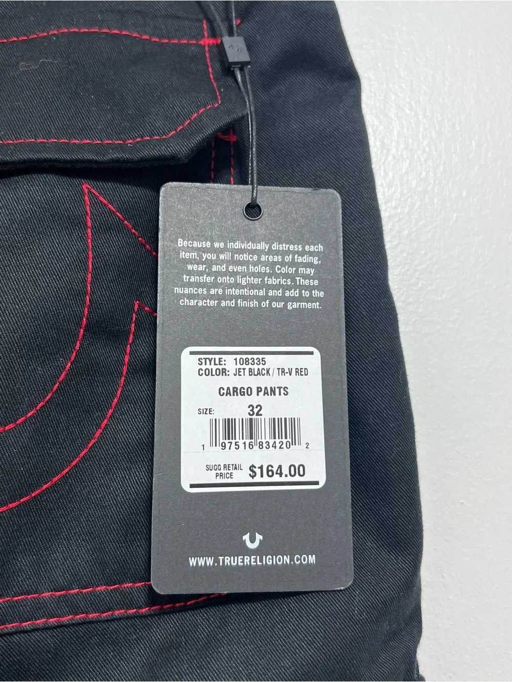 True Religion NWT Jet Black / TR-V Red Relaxed Grunge Cargo Pants